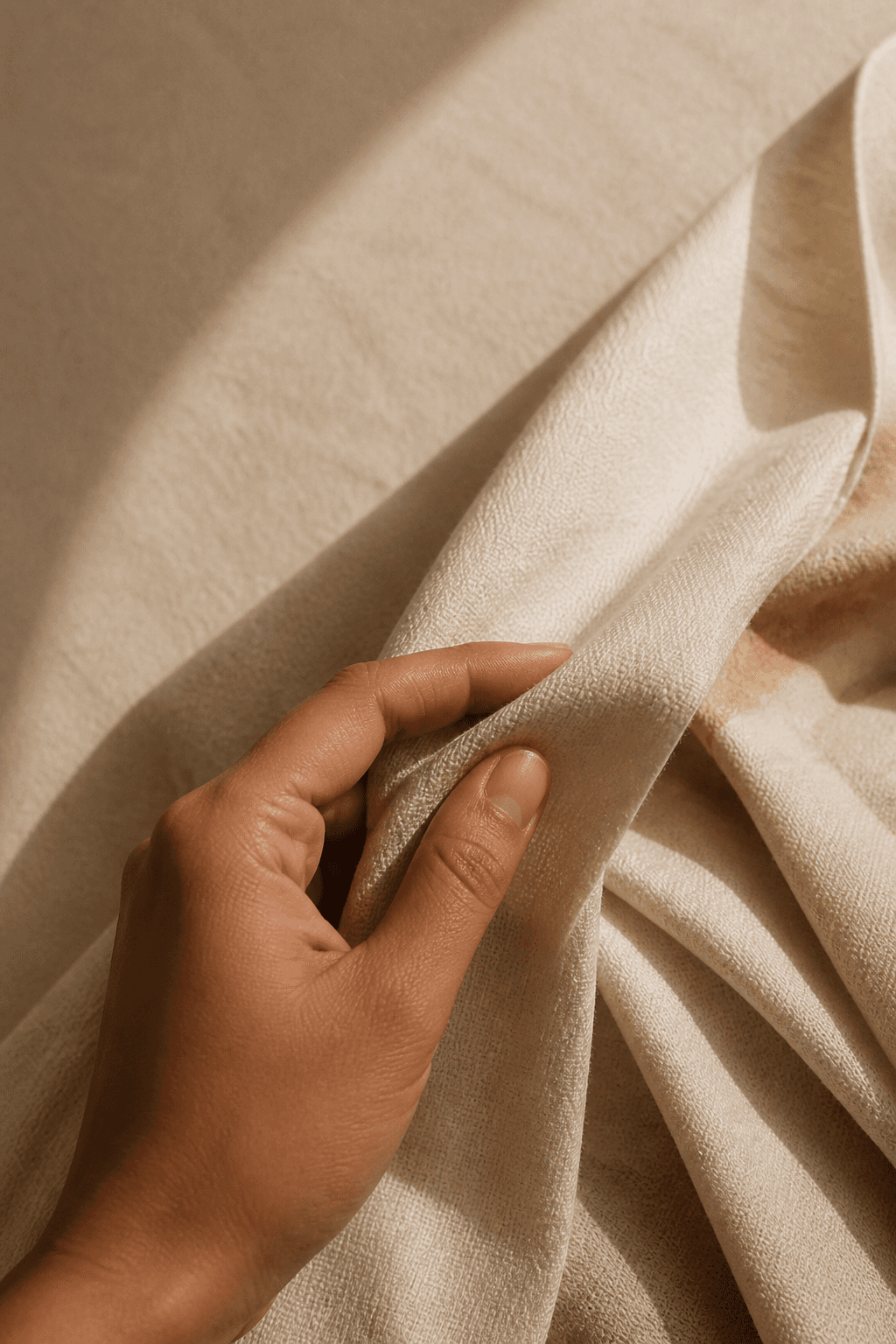 A hand lifting the edge of a softly folded cream cloth