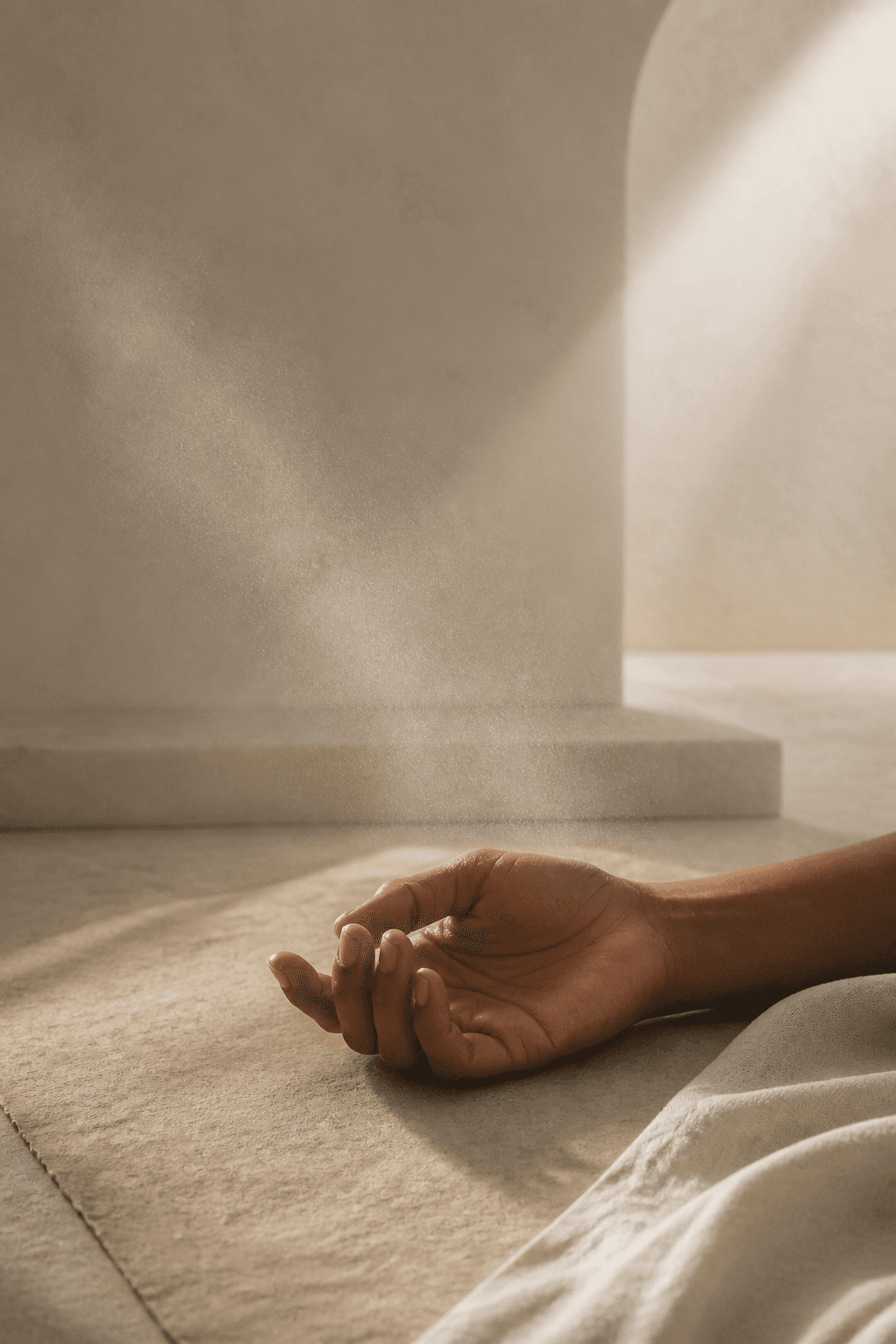 A resting hand beside a fine perfume mist